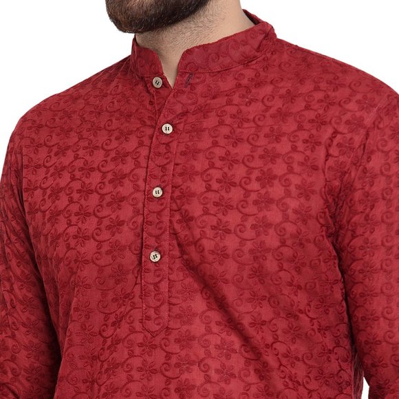 Designer Maroon Cotton Chikankari Lucknowi Jaal Embroidered Kurta for Men - Picture 5 of 5